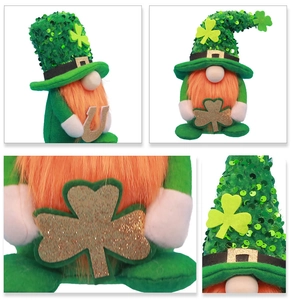 Detail of St. Patrick's Day gnome with green sequin hat, clover and orange beard