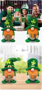 St. Patrick's Day gnomes with green sequin hats and orange beards in festive scenes