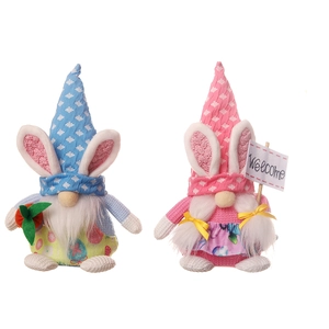Lighted Easter rabbit gnomes set with blue star patterns and pink floral welcome sign