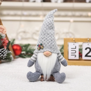 Christmas gnome plush ornament with grey knitted hat, long white beard, and holly berry detail
