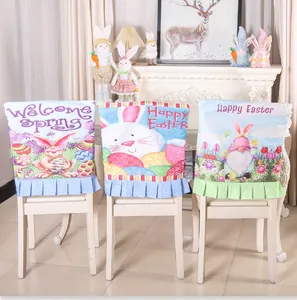 Easter chair covers with cute gnome and rabbit designs featuring blue pleated skirts