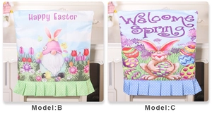 Detail of Easter chair covers with bunny motifs, floral prints and ruffled skirts