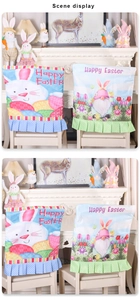 Detail of Happy Easter chair covers with rabbit patterns and dotted ruffled skirt hem