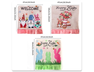 Detailed view of Easter gnome chair covers with bunny patterns and ruffle hem decoration
