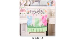 Detail of Happy Easter chair cover with colorful bunnies and white polka dot green ruffles