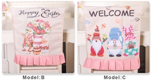 Detail view of Easter chair covers with rabbit and gnome patterns on textured linen fabric