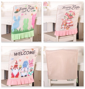 Detailed views of linen Easter chair covers with cartoon bunnies and polka dot ruffles