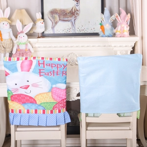 Easter chair covers with cute bunny print and blue pleated skirt for dining room decor
