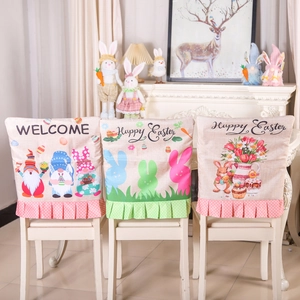 Happy Easter Chair Back Covers Faux Linen Rabbit Gnome Print Polka Dot Ruffle Hem Holiday Home Party Dining Decor