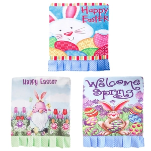 Happy Easter chair back covers featuring cartoon rabbits and colorful egg prints with ruffles
