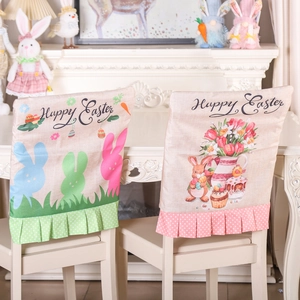 Easter chair covers with cartoon bunnies and Happy Easter lettering for party decor