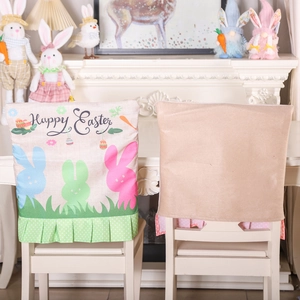 Happy Easter chair covers with cartoon bunnies and gnome patterns for festive dining decor