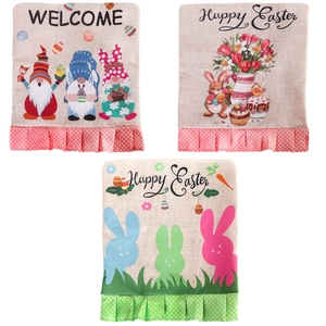 Easter gnome chair covers with Happy Easter print and colorful ruffled hem set of three