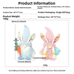Close-up of Easter gnomes with knit texture showing carrot and egg details and dimensions