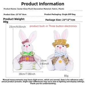 Detail view of Glowing Easter Bunny plush toy with fabric clothes and size dimensions