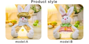 Detail showing two styles of glowing Easter bunny plush dolls with warm LED lights
