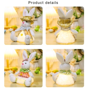 Detail showing glowing Easter bunny plushies in yellow hat and pink bow outfits