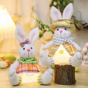Easter Glowing Bunny Plush Doll Toy LED Light Up Rabbit Sitting Desktop Ornament Plaid Cloth Home Holiday Decor