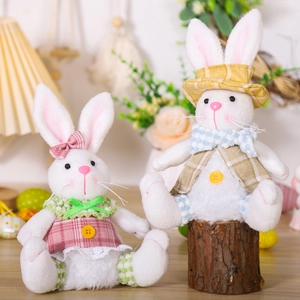 Luminous Easter bunny plush doll set with plaid outfits and glowing festive decorations