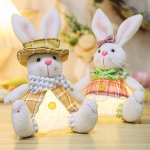 Luminous plush Easter bunny set with warm LED lights and checkered fabric decorations
