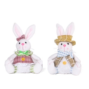 Pair of glowing plush Easter bunnies in plaid outfits for festive home desktop decoration