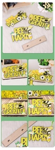 Close-up of three wooden Bee Day signs with Welcome and Happy text on a slot base