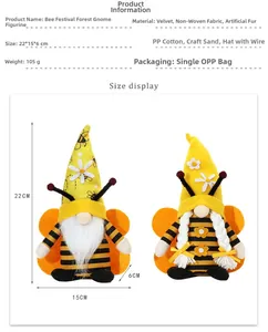 Detail view of gnome plush doll with bee stripes sunflower hat and flexible wire