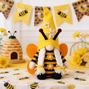 Bee gnome plush toy with striped body and daisy detail in a festive beehive setting
