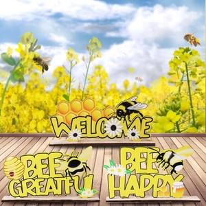 Three-piece bee-themed wooden signs with Welcome and Bee Happy slogans for desk decor