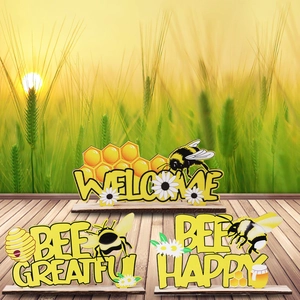 Three-piece bee festival wooden desktop signs with Welcome and Bee Happy lettering