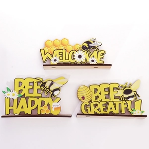 Three-piece bee festival wooden desktop decorations with Bee Happy and Welcome lettering