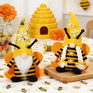 Adorable stripe patterned bee gnome plush set with wings for festive table decoration