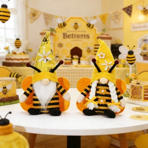 Striped bee gnome dolls with wings and flower hats for Bee Festival party decoration