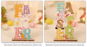 Detailed view of colorful wooden Easter bunny and gnome tabletop ornaments on wood base