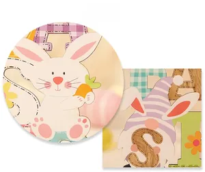 Macro detail of Easter wooden bunny and gnome ornaments with smooth wood grain and vibrant prints