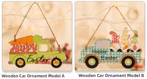 Close-up of Easter wooden truck ornaments with plaid pattern and bunny gnome details