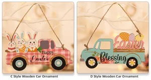 Detail of truck-shaped Easter wood pendants with pink plaid, rabbits, and eggs