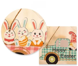 Detail of Easter wooden car pendant featuring colorful plaid patterns and cute bunny prints