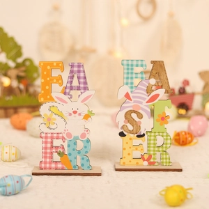 Easter Wooden Tabletop Ornament Letter Sign Cartoon Rabbit Gnome Wood Decor Desktop Crafts For Home Party Festive Gift