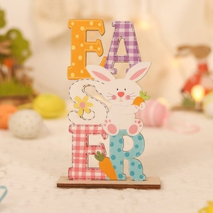 Easter wooden table sign with colorful letters and cute cartoon bunny ornament