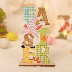 Wooden Easter table sign with colorful letters and cute gnome mascot on a stable base