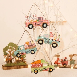 Easter Wooden Truck Hanging Ornament Happy Easter Plaid Wood Truck Pendant For Home Wall Festive Decoration Party Supplies