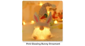 Detailed view of pink glowing Easter gnome with sequined hat and plush rabbit ears