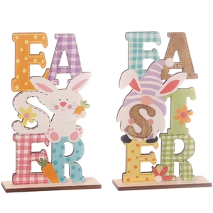 Wooden Easter table decorations featuring colorful bunny, gnome, and Easter letters