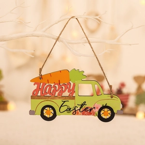 Wooden Easter truck hanging ornament with orange carrot and Happy Easter lettering