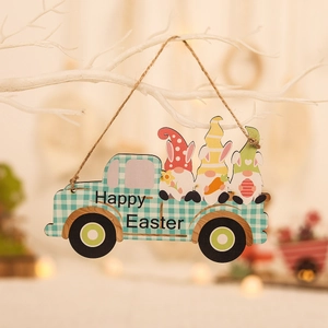 Happy Easter gnomes in a blue plaid wooden truck pendant with rustic hanging rope