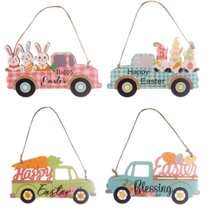 Set of 4 Easter wooden truck ornaments with bunny, carrot and colorful egg designs