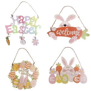 4er-Set Oster-Holzanhänger mit Happy Easter Schriftzug, Hasen und bunten Ostereiern