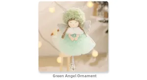 Detail of green plush angel pendant with silver sequin wings and small bells for Christmas tree