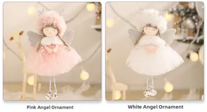 Detailed close-up of plush angel ornaments with sequin wings and metal bells on mesh skirts